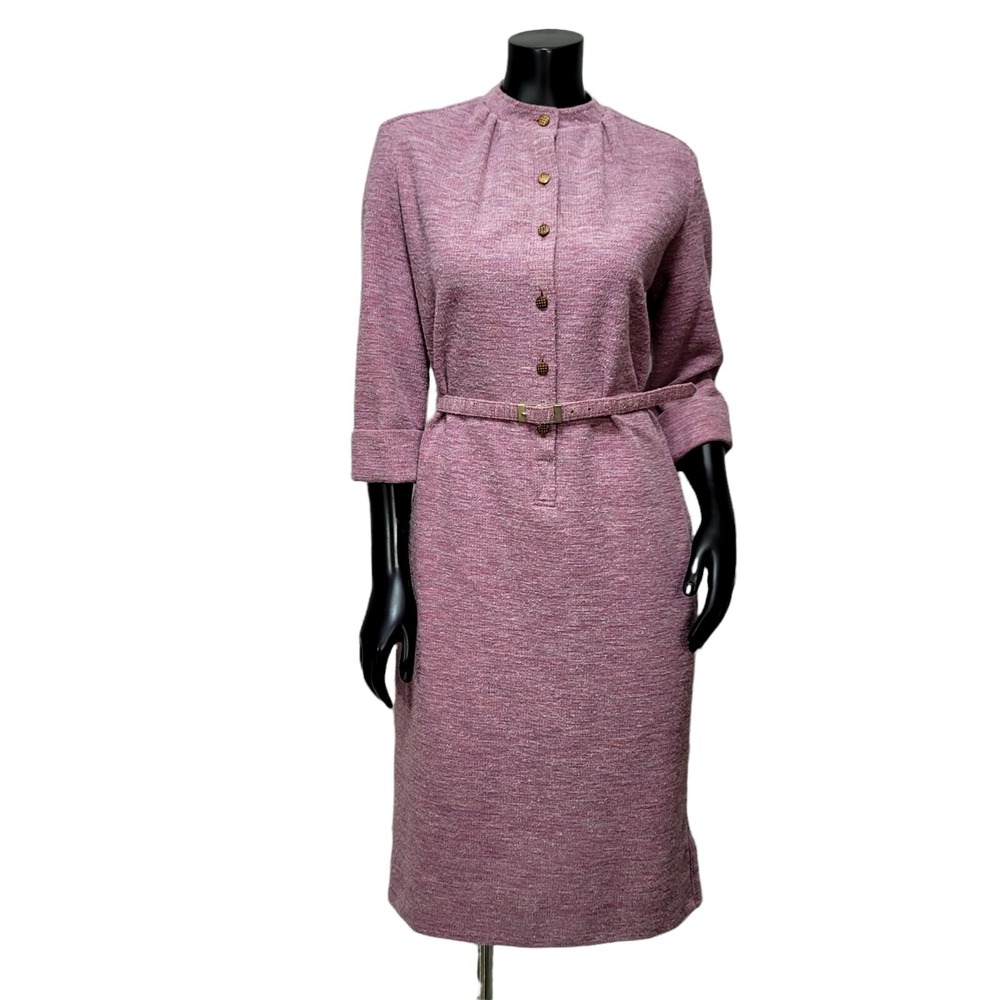Vintage Shirt Dresses Inc Mauve Marled Knit Belted Midi Dress Made in USA
